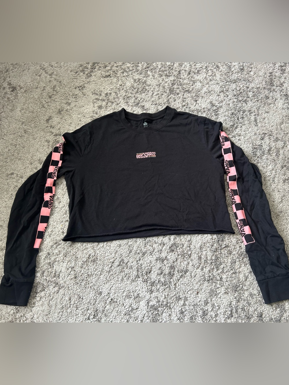 Vans Black Long-Sleeve Tee with Pink Checker Sleeve Stripes